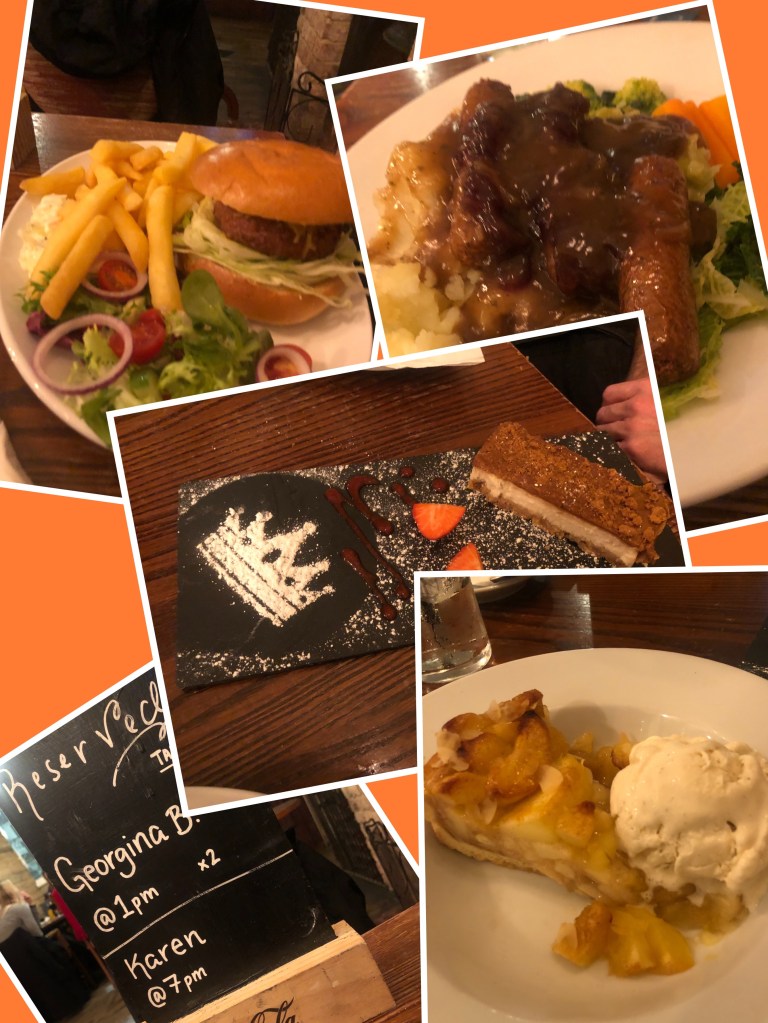 Vegan meal for two: burger and chips, sausage and mash, cheesecake, apple pie and ice cream